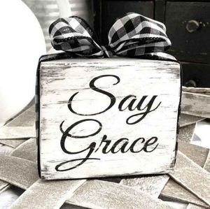 5"x5" Wooden Black and White Buffalo Plaid Say Grace Wooden Decorative Accent.